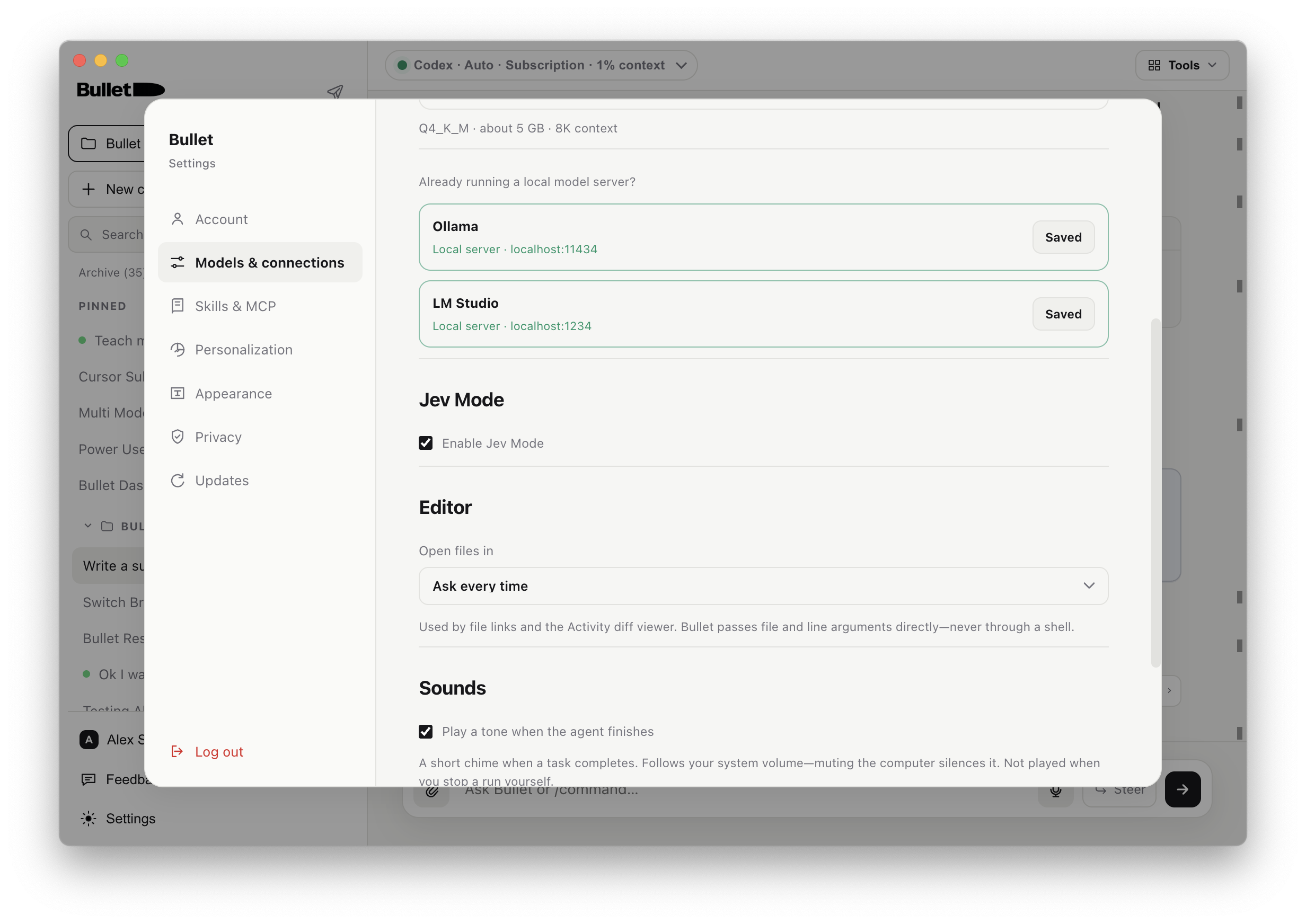 Bullet settings with Jev Mode enabled